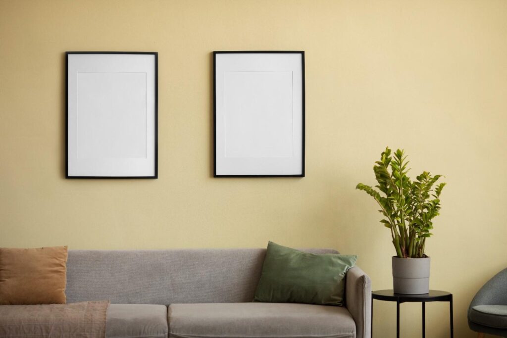 Before and after DIY wall art project for living room wall