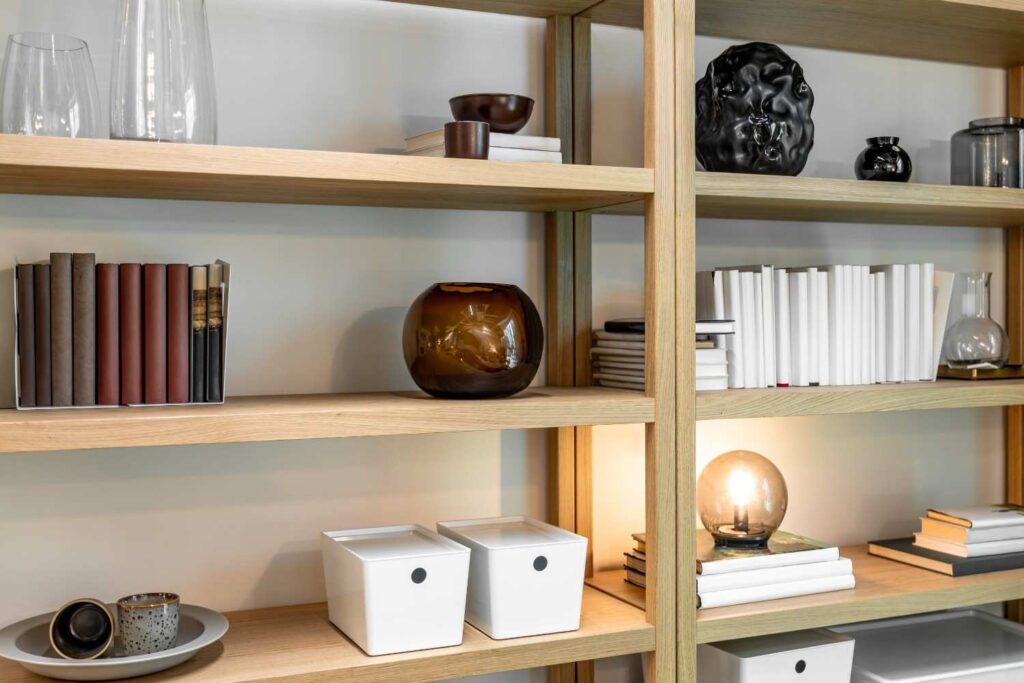 Built-in corner shelves creating a custom look in a home office