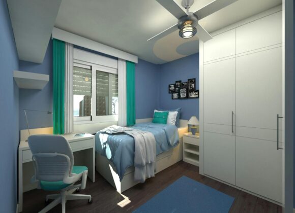 A cozy living room with a large mirror on the wall, reflecting natural light and creating the illusion of a more spacious area