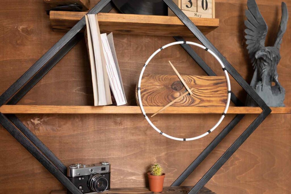 Rustic wood corner shelves adding warmth to a home office