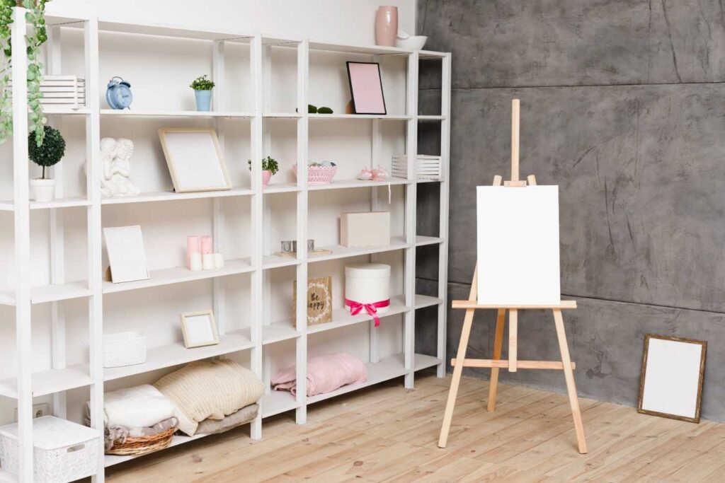 Slim corner shelves used in a tight home office space